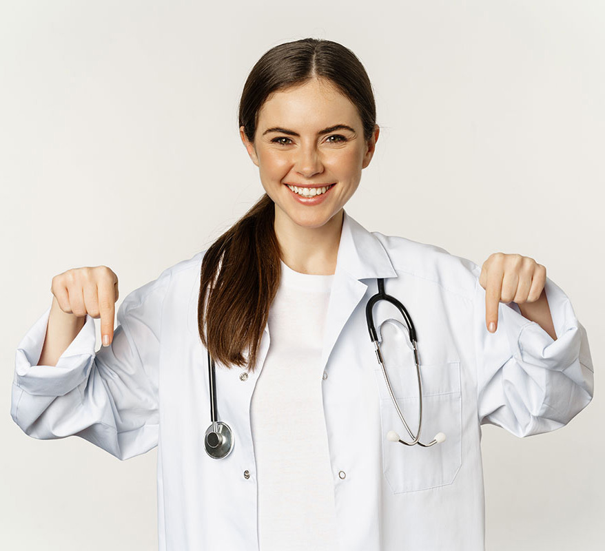 happy nurse pointing down